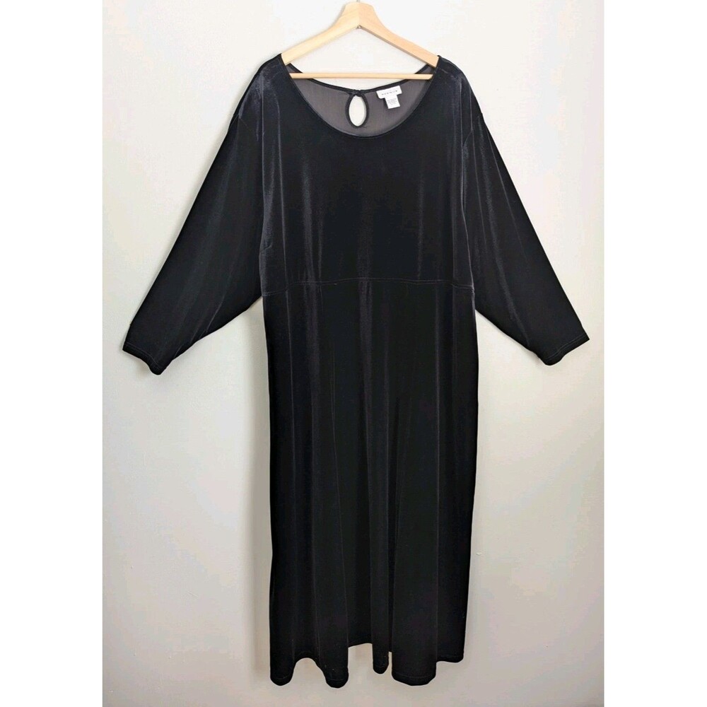Avenue Womens Plus Size Stretch Black Velvet Velour Maxi Dress Long Sleeve 30/32